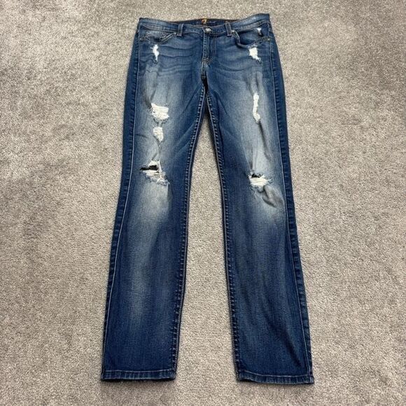 7 For All Mankind The Ankle Skinny Distressed Denim Jeans Womens 28 Blue Stretch - Picture 1 of 16